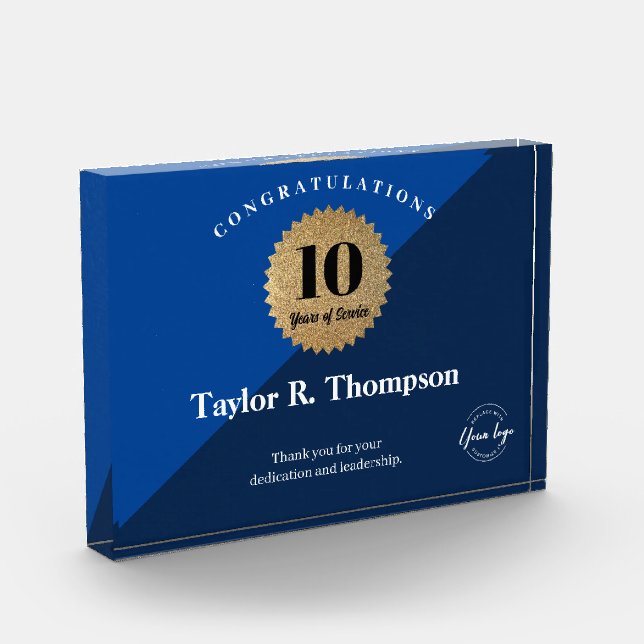Employee 10 years of service Blue Gold Seal logo Acrylic Award (Left)