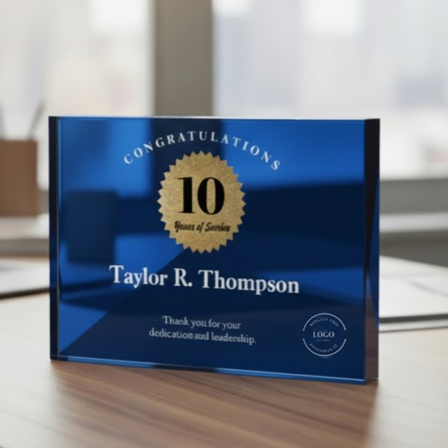Employee 10 years of service Blue Gold Seal logo Acrylic Award (Professional custom 10 years of service photo award block, blue and gold with logo employee reco.)