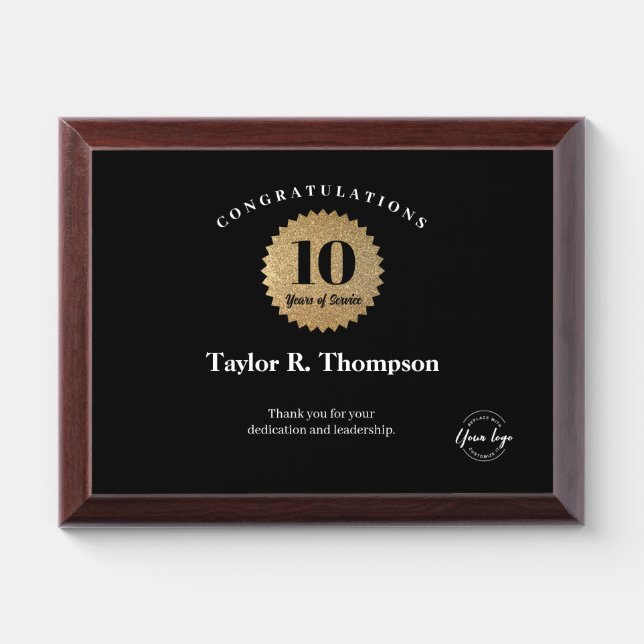 Employee 10 years of service gold seal custom logo award plaque (Horizontal)