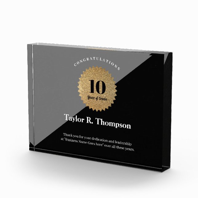 Employee 10 years of service Gold Seal custom name Acrylic Award (Right)
