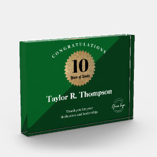Employee 10 years of service Green Gold Seal logo Acrylic Award