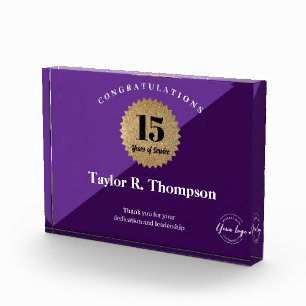 Employee 10 years of service Purple Gold Seal logo Acrylic Award
