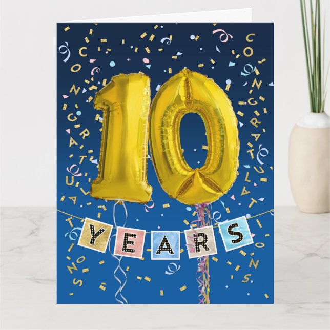 Employee 10th Anniversary Gold Balloon Number Card (Front)
