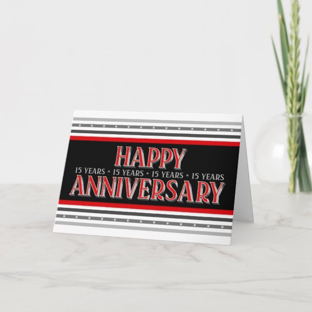 Employee 15th Anniversary Layered Font Red Gray Card (Front)