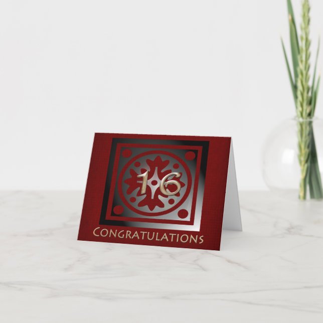 Employee 16 Year Anniversary Elegant Golden Red Card (Front)