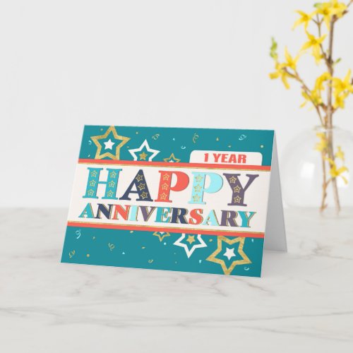 Employee 1st Anniversary Bold Colors and Stars Card