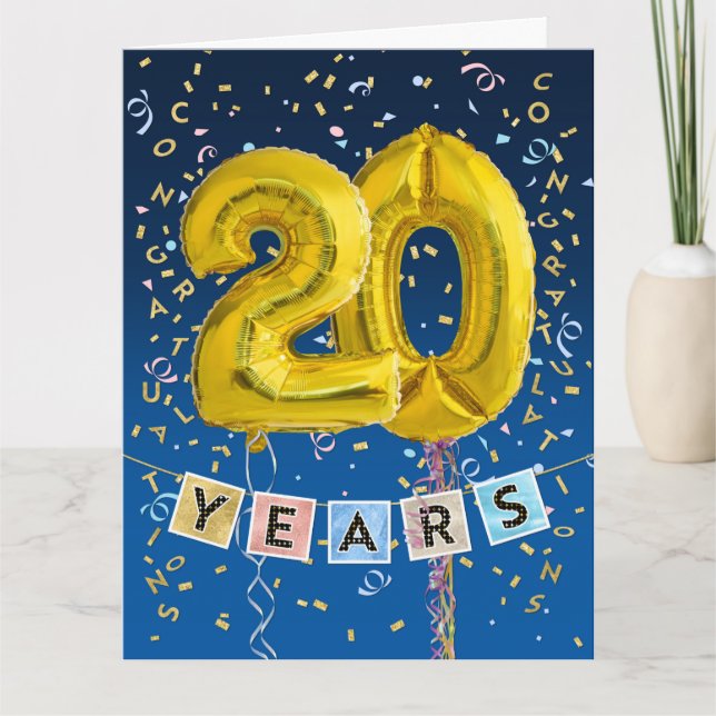 Employee 20th Anniversary Gold Balloon Numbers Card (Front)