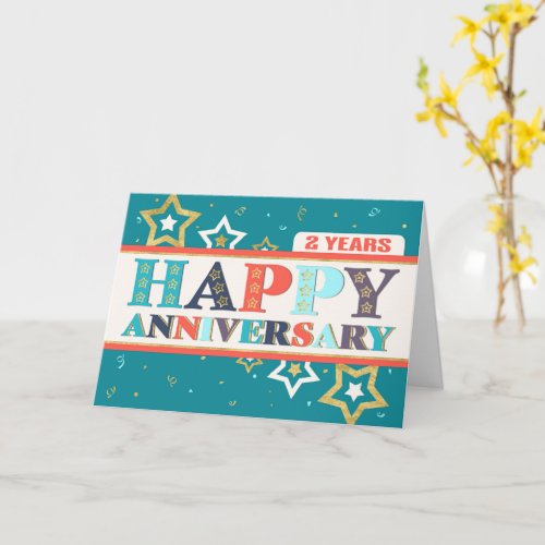 Employee 2nd Anniversary Bold Colors and Stars Card