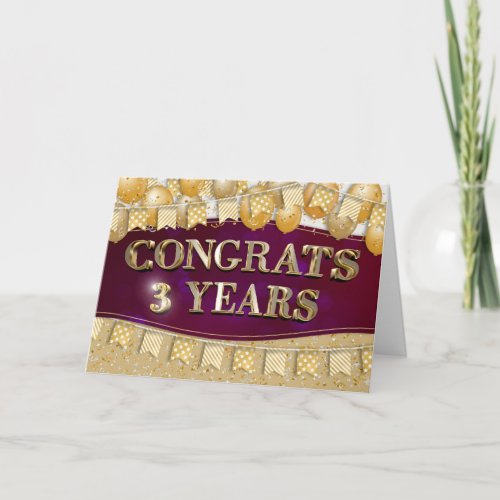 Employee 3rd Anniversary Gold Text and Balloons Card