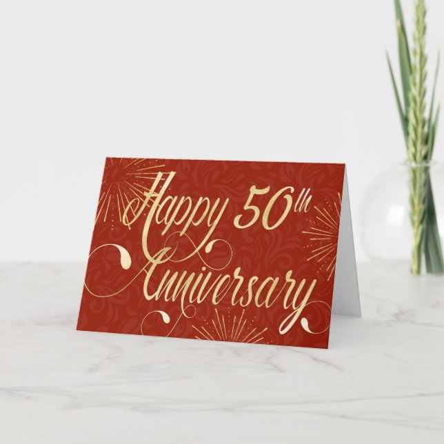 Employee 50th Anniversary - Swirly Text - Red Card (Front)