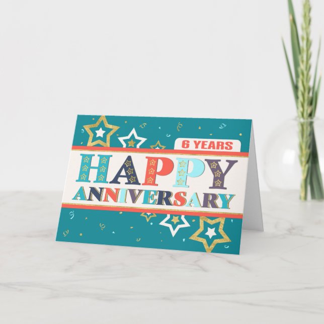 Employee 6th Anniversary Bold Colors and Stars Card (Front)