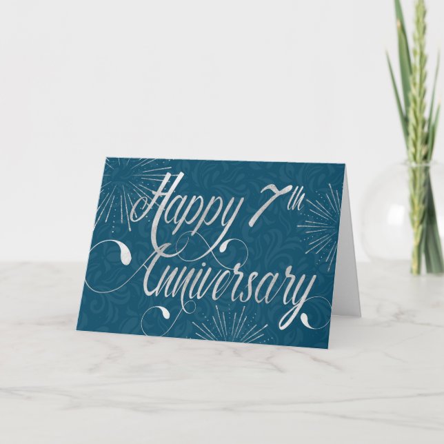 Employee 7th Anniversary - Swirly Text - Blue Card (Front)
