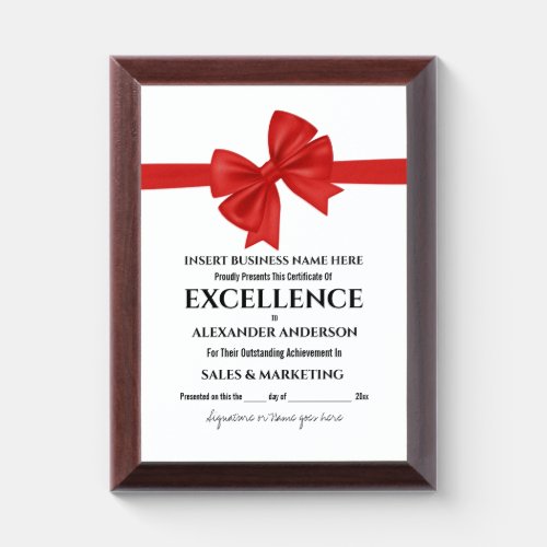 Employee achievement red ribbon bow year end month award plaque