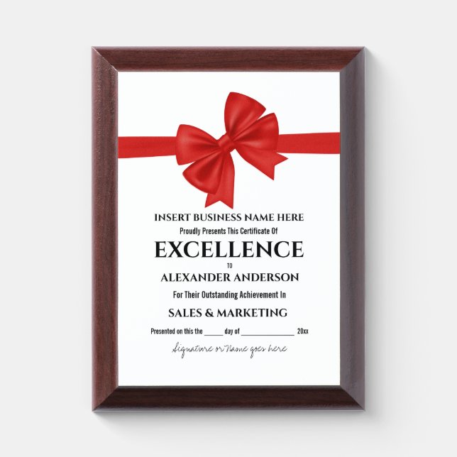 Employee achievement red ribbon bow year end month award plaque (Vertical)