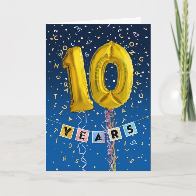 Employee Anniversary 10 Years - Gold Balloons Card (Front)