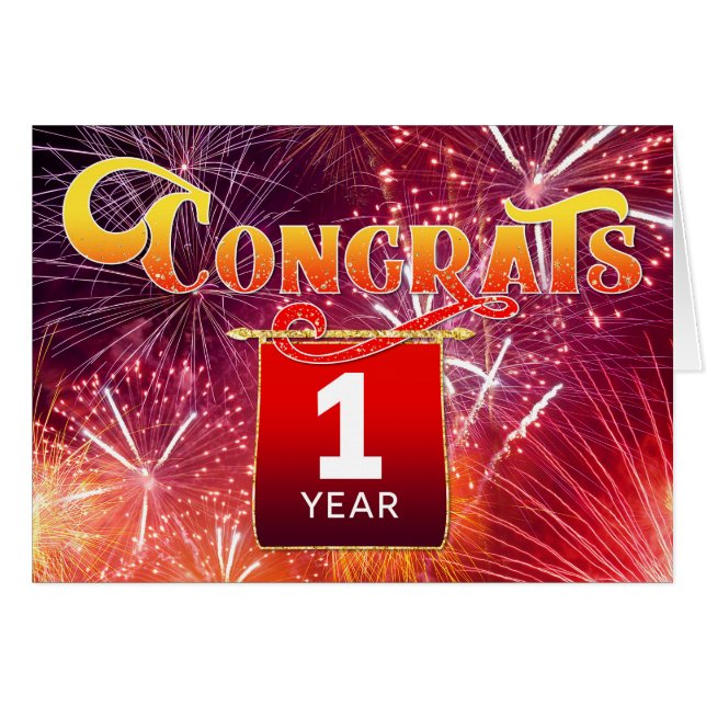 Employee Anniversary 1 Year Celebration Fireworks Cards (Front Horizontal)