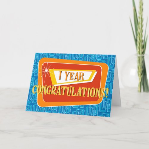 Employee Anniversary 1 Year Retro Blue Red Orange Card