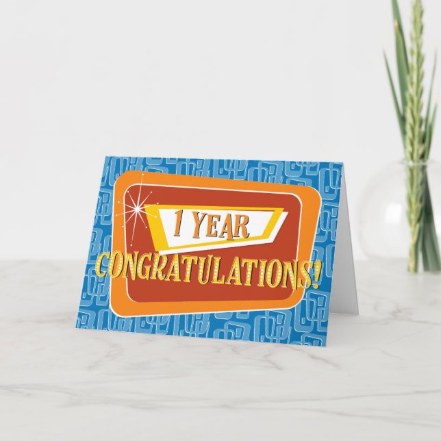 Employee Anniversary 1 Year Retro Blue Red Orange Card (Front)