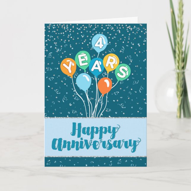 Employee Anniversary 4 Years - Balloons Confetti Card (Front)