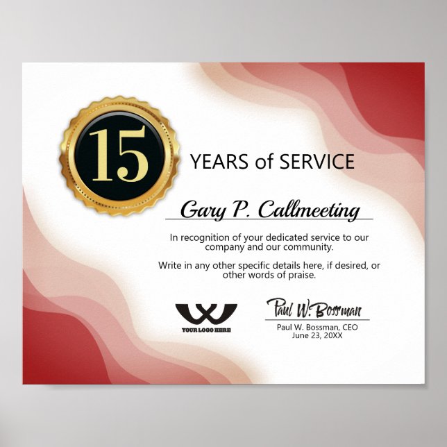 Employee anniversary recognition certificate poster (Front)