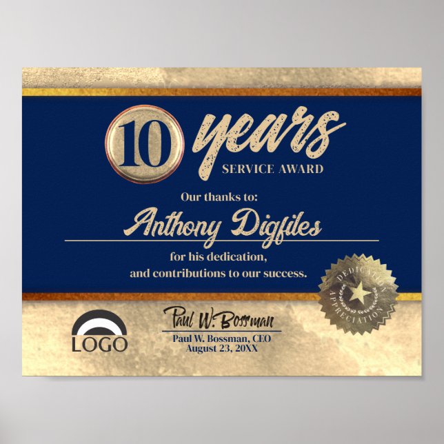 Employee anniversary recognition certificate poster (Front)