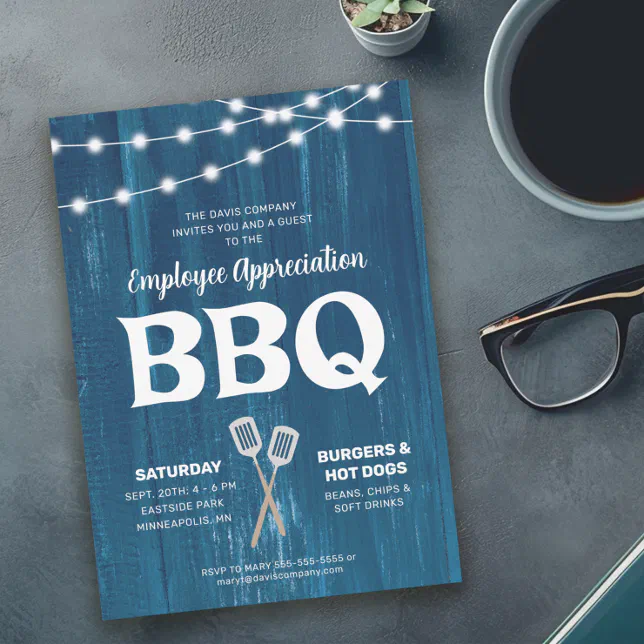 Employee Appreciation BBQ Rustic Blue Invitation | Zazzle