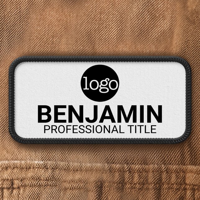 Employee Badge with Logo Name Title Black White (Employee patch with company logo and name)