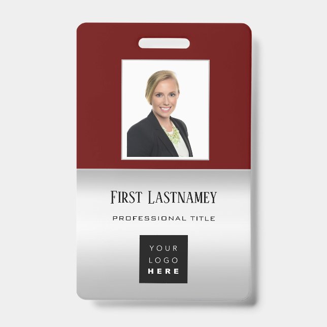 Employee Barcode Logo Name Scanner Gray Maroon Badge (Front)