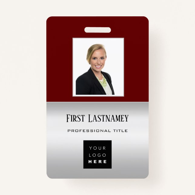 Employee Barcode Logo Name Scanner Gray Maroon Badge (Front)