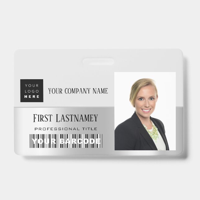 Employee Barcode Logo Name Scanner Gray Silver Badge (Front)