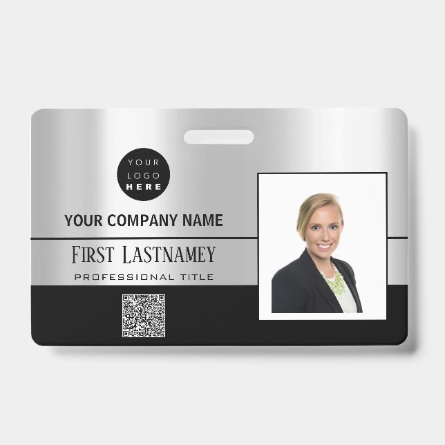 Employee Barcode Logo Name Scanner Stripe Gray Badge (Front)