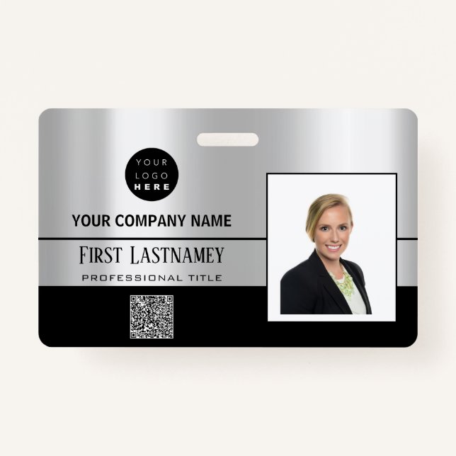Employee Barcode Logo Name Scanner Stripe Gray Badge (Front)