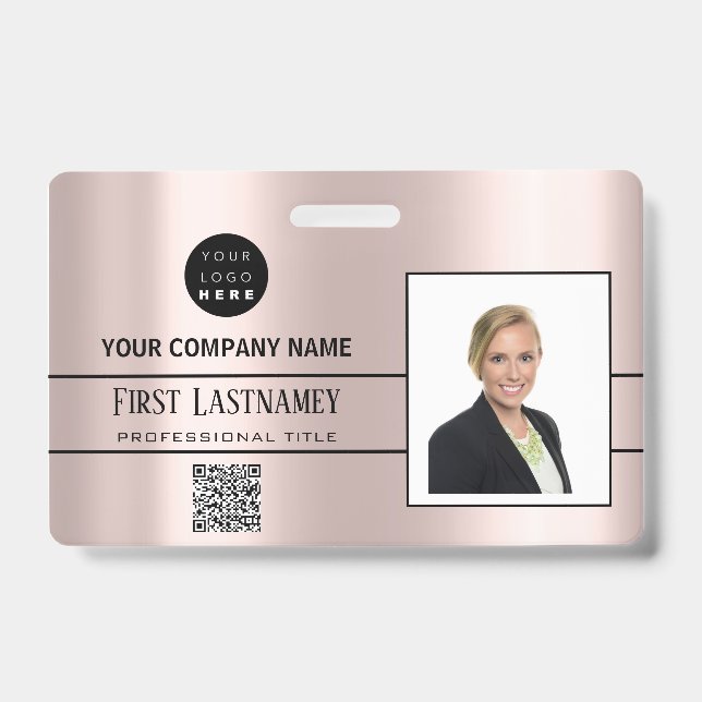 Employee Barcode Logo Name Scanner Stripe Rose Badge (Front)