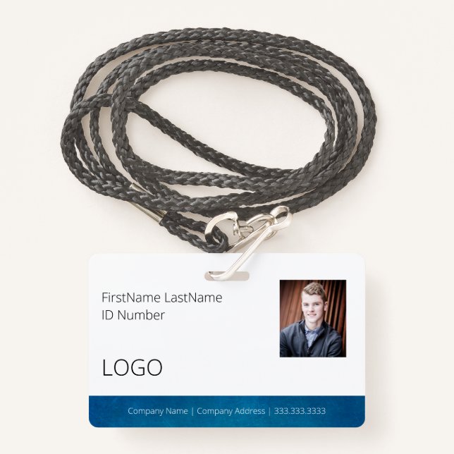 Employee Blue Professional ID Badge with Barcode (Front with Lanyard)