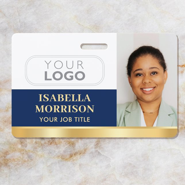 Employee Business Custom ID Logo QR Navy Gold Badge (Creator Uploaded)