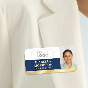 Employee Business Logo ID Photo Navy Gold Gradient Name Tag