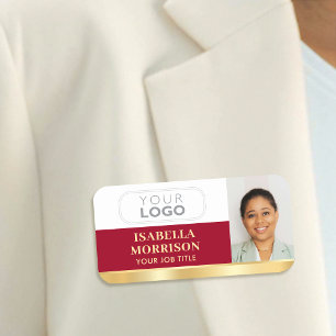 Employee Business Logo ID Photo Red Gold Gradient Name Tag