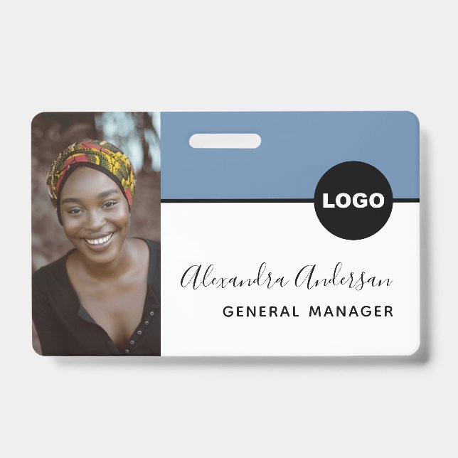 Employee Company ID Photo Logo QR Code Denim Blue Badge (Front)