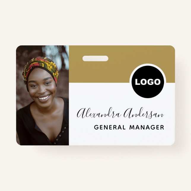 Employee Company ID Photo Logo QR Code Gold Black Badge (Front)