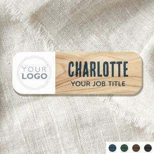 Employee Company Logo Woodgrain Rustic Blue ID Name Tag