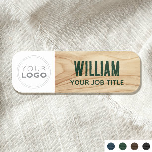 Employee Company Logo Woodgrain Rustic Green ID Name Tag