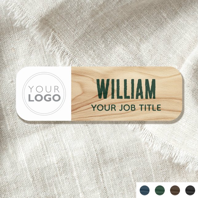  Employee Company Logo Woodgrain Rustic Green ID Name Tag (Creator Uploaded)