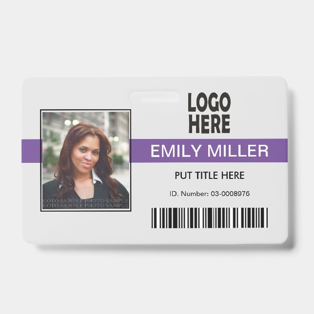 Employee ID logo barcode purple photo template Badge (Front)