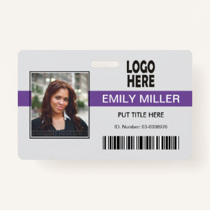 Employee ID logo barcode purple photo template Badge