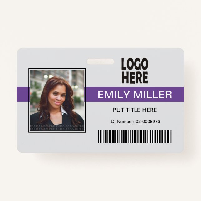 Employee ID logo barcode purple photo template Badge (Front)