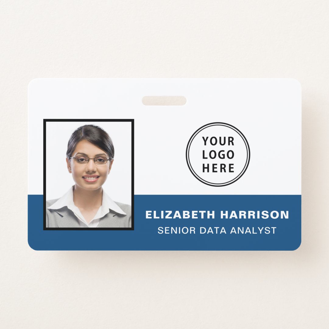 Employee ID Photo Logo Barcode Blue Badge | Zazzle