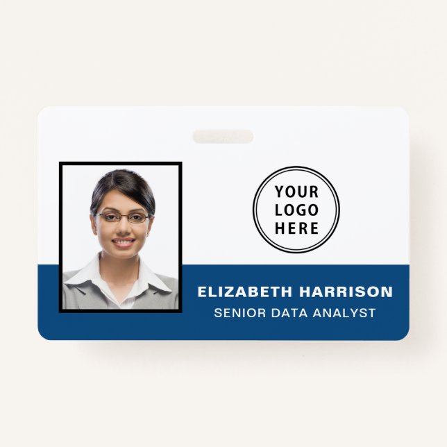 Employee ID Photo Logo Barcode Blue Badge (Front)
