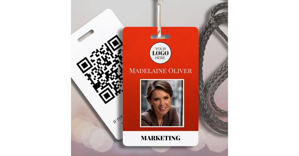 Employee ID Photo QR Code Red Logo Badge | Zazzle