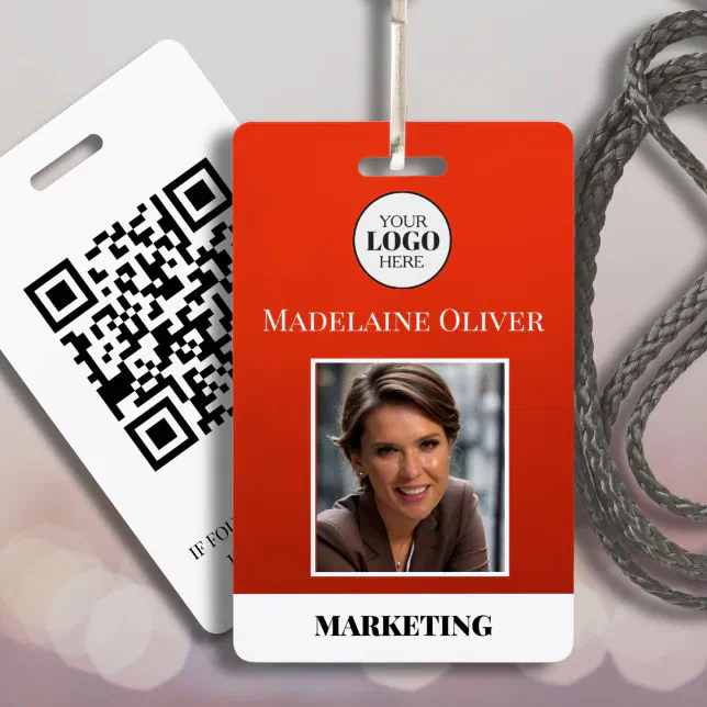 Employee ID Photo QR Code Red Logo Badge | Zazzle