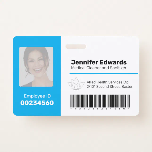 Employee identification ID barcode photo blue Badge | Zazzle